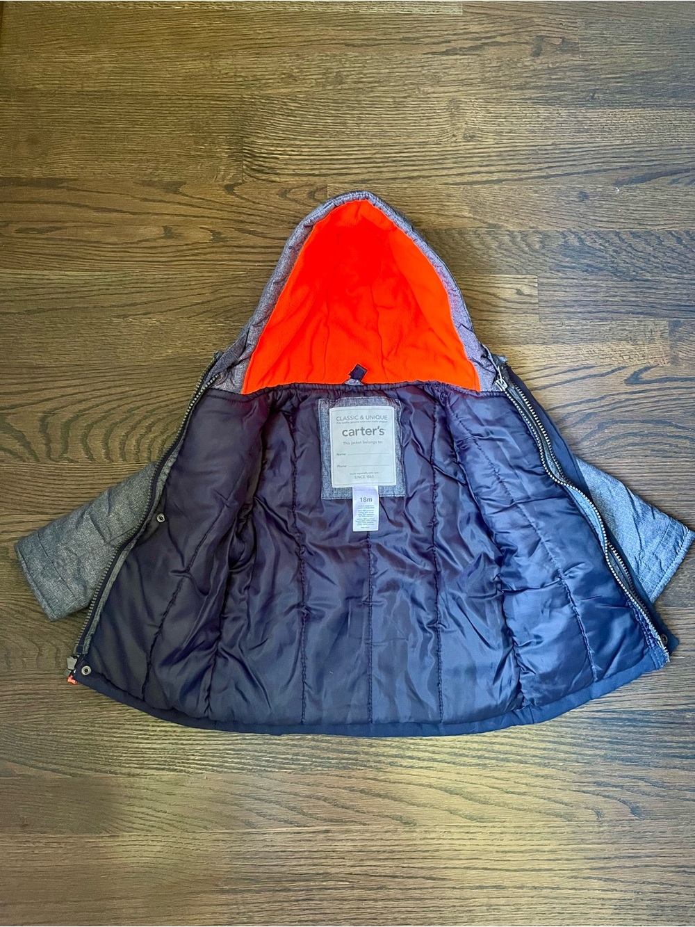 Carter's Two-Tone Hooded Coat in Gray and Blue. - Picture 2 of 3